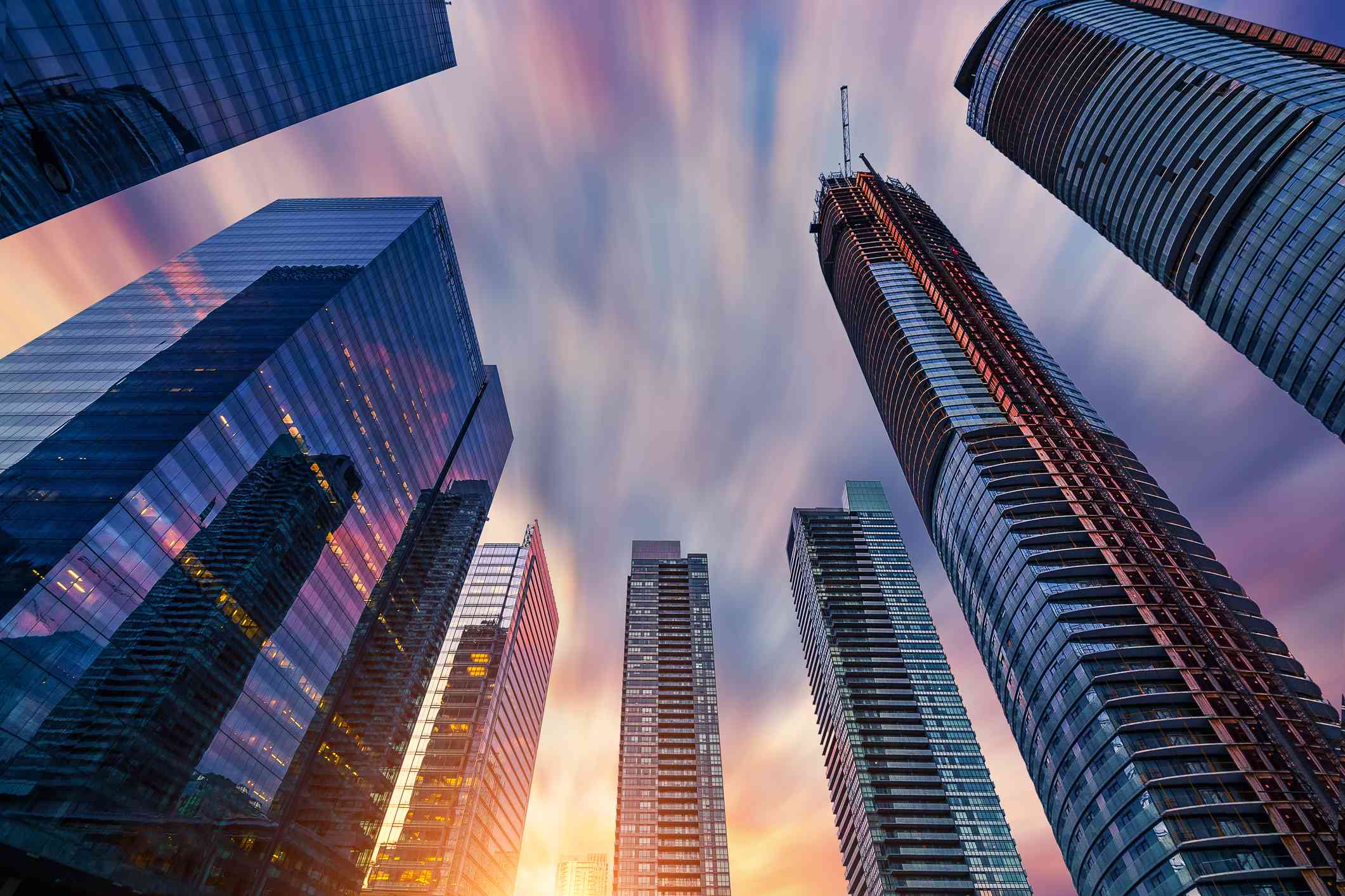 Low angle view of modern financial skyscrapers