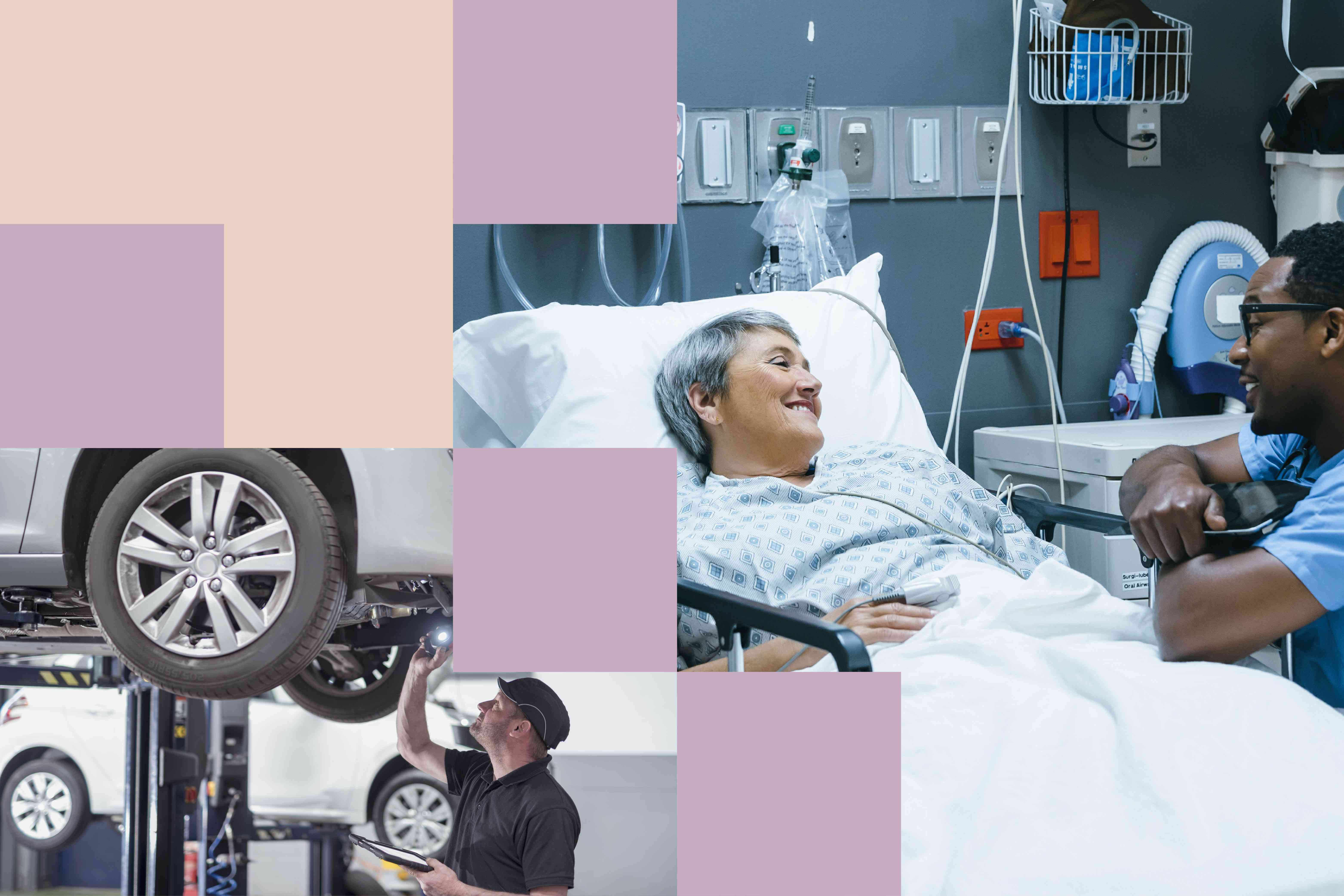 A collage shows a woman recovering in a hospital bed and another image shows a mechanic working on the underside of a car raised up on a garage lift.