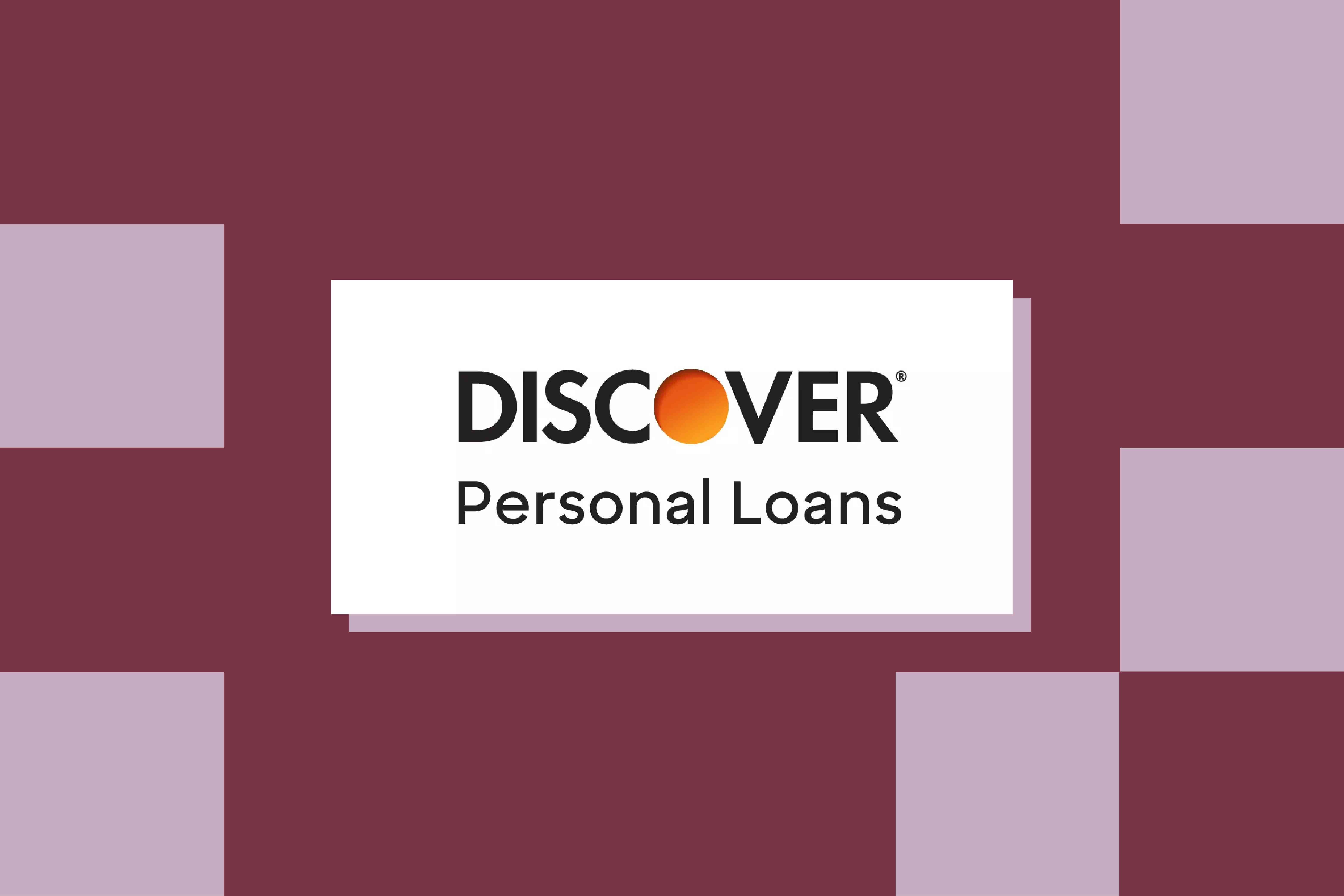 The Discover bank logo hovers lightly over a field of maroon and mauve blocks.