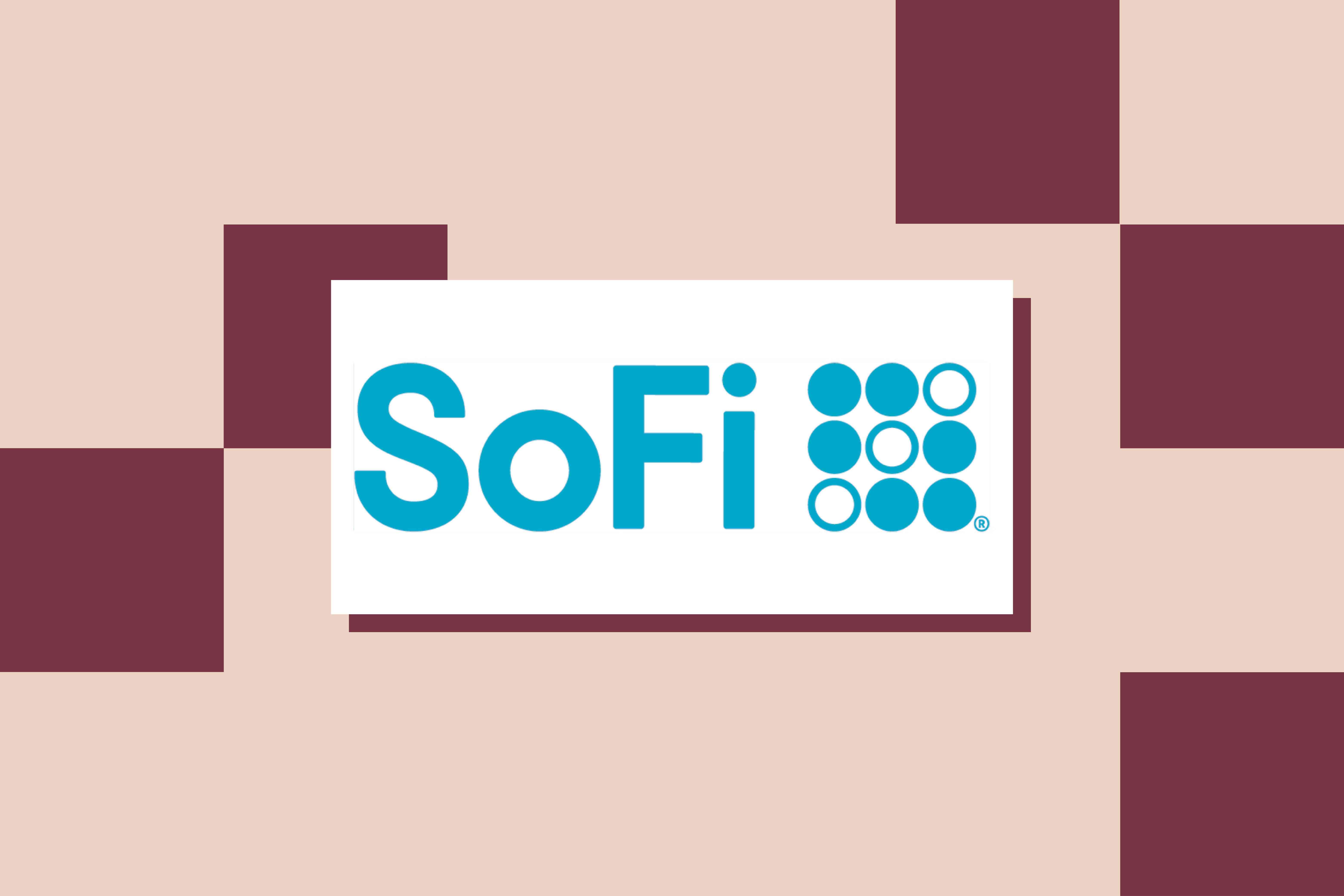 The SoFi logo on a peach background.