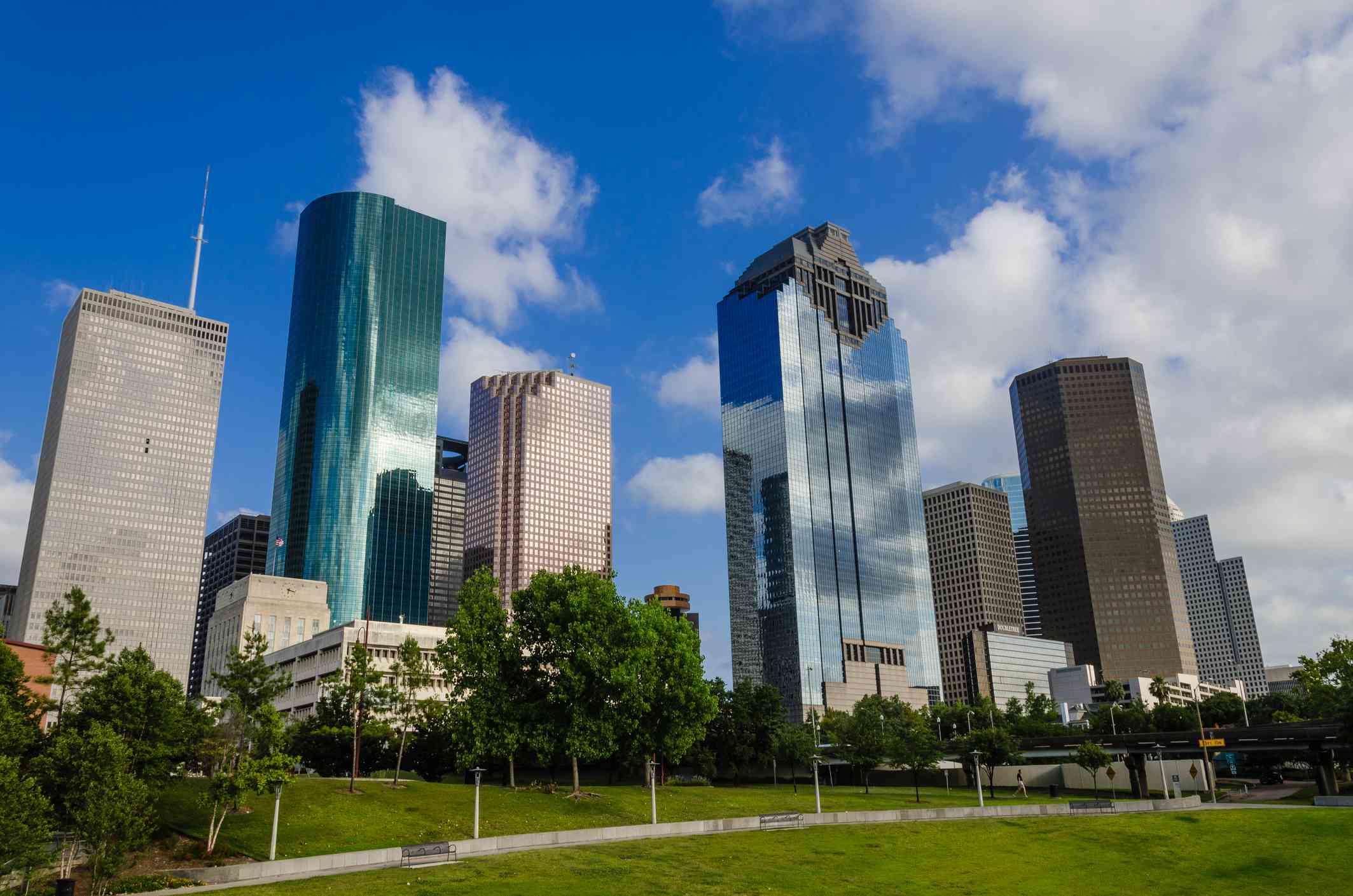 Office buildings in downtown Houston, Texas, near Sam Houston Park.