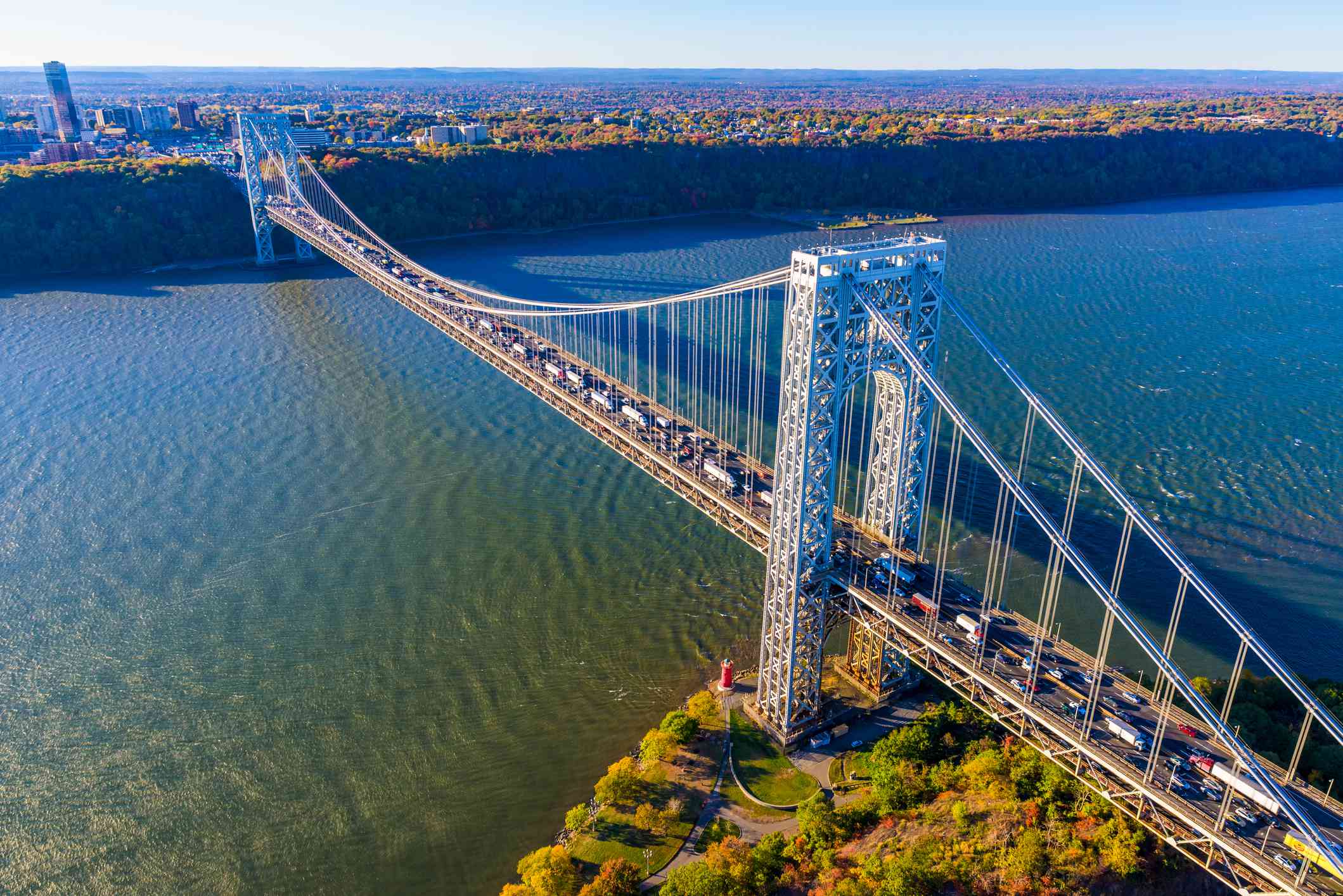 George Washington Bridge, NYC, rush hour, panorama aerial view from helicopter.